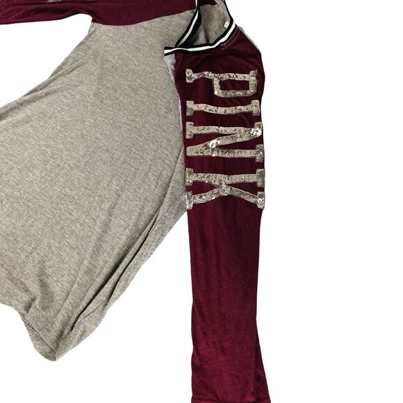Pink Victoria's Secret Raglan T-shirt Women's Sz XS Color Maroon Silver Sequin - Picture 5 of 11
